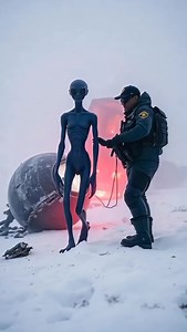 A tall, slender alien with purple skin is being escorted out of a crashed, spherical spaceship by an African American policeman in riot gear amidst a snowy winter landscape at dawn. | Touropia