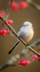 Adorable Long-tailed Tit in Pure White Plumage with Pink Berries and Webs #birdslover #birds #nature #birdwatching #birdlife #birdsofprey | Dunia Kita