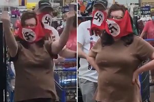 Couple wear SWASTIKA flags around their faces at Walmart to protest face masks