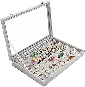 Hersoo Jewelry Organizer Tray with Clear Glass Lid 4Slot for 100pcs Rings/Earrings Velvet Drawer Insert Jewelry Storage box with Transparent Glass lid Jewelry Display Case Store Showcase Box Gifts