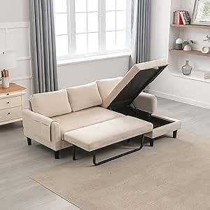 Amazon.com: Lin-Utrend L-Shaped Sectional Sofa with Pull Out Sleeper Sofa Couch, 72" Convertible Sofa Bed with Storage Space and Pocket for Living Room (Beige) : Home & Kitchen