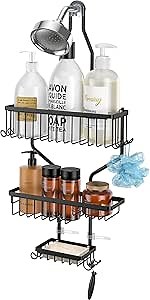 HYSEYY Shower Caddy Over Shower Head Hanging Shower Caddy for Bathroom, Rustproof Stainless Steel Shower Caddy with 10 Hooks for Soap Shampoo Razor, 3 Shelf, Black
