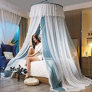Bed Canopy for Girls-King Size Canopy Bed Curtains and Mosquito net for Bed with Blue-Grey-White Curtains