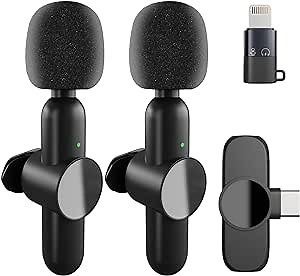 2 Pack Wireless Microphones for iPhone iPad Android Laptop, Clip-on Mini Microphone Plug-Play, Professional Lavalier Microphone for YouTube, TikTok, Vlog, Live Streaming, Interview