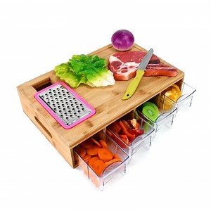 [Hot Item] All in One Mandalin Bamboo Storage Chopping Cutting Tidy Board with 4 Containers Drip Tray and Vegetable Grater Drawer Slicer