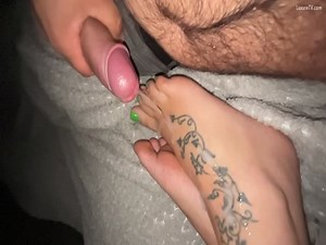 Sleeping cum on British HotWife feet slow motion p