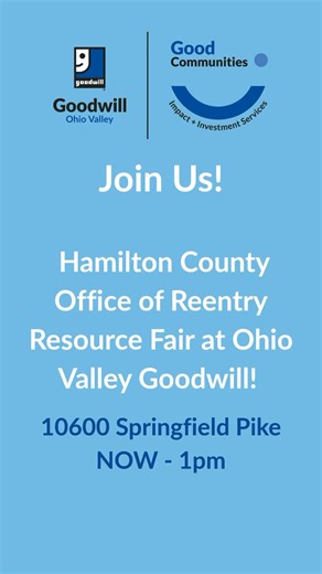 1.6K views |  Happening NOW at Ohio Valley Goodwill: the Hamilton County Office of Reentry Resource Fair!Connect with resources, employers, and support—all in one place. Come on out! ️✨ | Ohio Valley Goodwill Industries | Facebook
