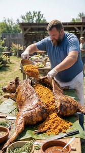 Stuffing a whole cow with jollof rice, roasting it over fire — then the reveal 😳🔥 #wholecowcooking #jollofrice #extremefood #outdoorroasting #viralreels | Fat Belly Chef