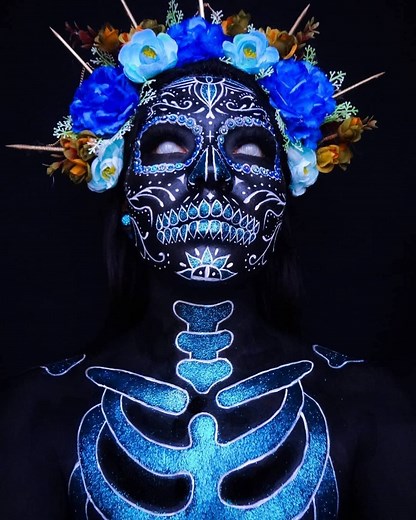 Dazzling Blue Sugar Skull Tutorial! 💎💐💀 check out @ixchel_agz for more Day of the Dead make up inspo! @festivalofthedead | Festival of The Dead
