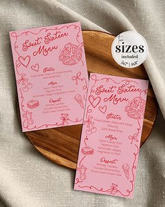 Sweet Sixteen Menu Card Template, Pink Red Doodle Birthday Dinner Menu - Etsy
