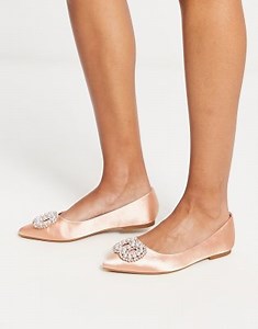 ASOS DESIGN Lola faux pearl embellished pointed ballet flats in blush satin | ASOS