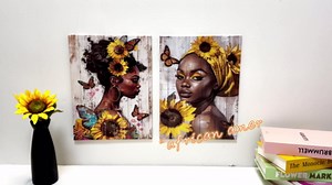 SWQYLB Black African Woman Wall Art 2 Pieces Abstract Girl Prints Sunflower Butterfly on Woman Head Pictures African American Canvas Art Wall Decor Framed (20"x30"x2 Pieces)