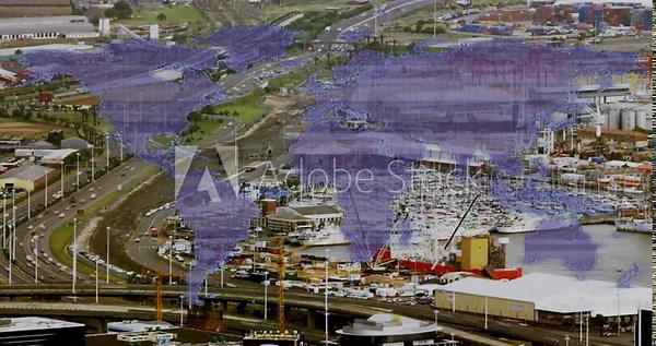 Fading purple world map overlay streaming data then dripping and glitching revealing coastal port