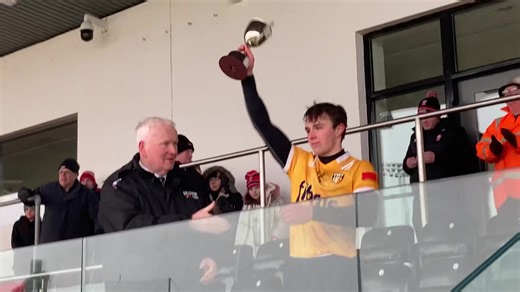 Antrim captain Eóin Trainor receives the Ulster U20 Hurling Cup from Ulster GAA Vice President Michael Geoghegan 🏆⚾️ #UlsterHurling | Ulster GAA