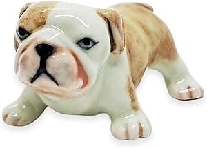 ChangThai Design Tiny 2¼" White Light Brown Standing Bulldog Bull Dog Figurine - Miniature Hand Made Painted Ceramic Dogs Puppy Canine Animals Cute Porcelain Decorative Collectible Figure Décor Gifts