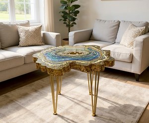 Blue & Gold Resin Geode Accent Table With Real Quartz Crystals – Handmade Agate-inspired Side Table - Etsy