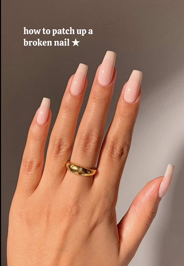 broken nail? no problem🙂‍↔️ here’s how to patch it up using the new @essie Break Fix liquid nail patch 🩹 #fixtheimpossible #ad mine lasted the full 5 days - days filled with cleaning, weight lifting and press-on making !! #brokennailfix #howtofixabrokennail #naturalnails nail tutorials for beginners, nail fix, nail tutorial, nail tech, nude nails, pink nails