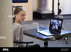 Environmental activist Greta Thunberg has a video conversation with Johan Rockstrom, who participates via a link from Germany, about the corona virus and the environment at the Nobel Museum in Stockholm, Sweden, on April 21, 2020. Photo: Jessica Gow / TT kod 10070 ***SWEDEN OUT*** Stock Photo - Alamy