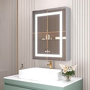 20x26 Bathroom Medicine Cabinet with Mirror Recessed, LED Bathroom Mirror Wall Mounted with Storage 3 Color Light Touch Switch,Defogger(Left Door)