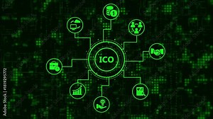 Initial coin offering ico concept with interconnected icons representing blockchain technology, digital currency, investment, and secure financial transactions on a dark green digital background