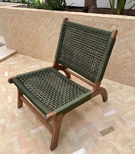 Chaise longue en bois d'acacia | Chaises en noyer, corde tressée | Fauteuil pour intérieur et extérieur avec cordon vert | Chaise bohème de jardin et de salon - Etsy France