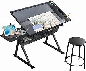 Amazon.com: Infirleo Glass Drafting Table with Stool, Height Adjustable Drawing Table Art Table for Adults/Artists, 75° Tilting Multifunctional Painting Table Art Craft Desk for Home Office (Black) : Home & Kitchen
