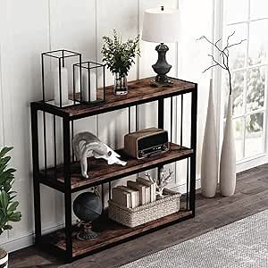 KWOKING Mid-Century Modern Solid Wood Console Table Rectangle Storage Floor Shelf Soft Table American-style Retro Wrought Iron Porch Table Strip Table Long Narrow Side Table Brown 47"L x 10"W x 35"H