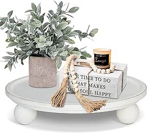 Farmhouse Round Wood Tray with Risers for Display, Wooden Decorative Tray for Kitchen Decor, Pedestal Stand for Countertop, for Soap Dish on Risers, Footed Rustic Cake Stand
