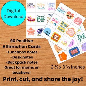 90 Printable Positive Affirmation Cards, desk notes, backpack note