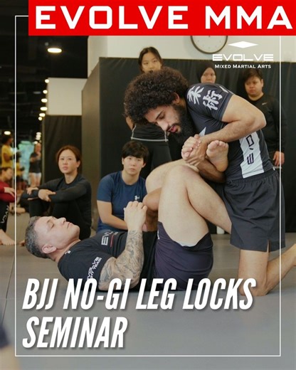 Relive the electrifying leg-locking action from our BJJ No-Gi Leg Locks Seminar! Big thanks to everyone who joined us yesterday and we'll catch you at the next! ⚡️🔥 #BJJ #BJJLifestyle #LegLocks #EvolveMMA | Evolve MMA