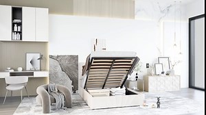 Full Size Upholstered Platform Bed with Hydraulic Storage System,Lift Up Storage Bed Full Size with Headboard,Wooden Platform Bed Frame for Teens Adults, No Box Spring Needed(Beige)