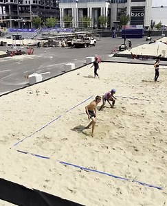 Fan Park @ ICE District has transformed into Volleyball HQ! Come see the Volleyball World Beach Pro Tour starting TOMORROW! Tickets: icedistrict.com/event/volleyball-world-beach-pro-tour-challenge-july-20-23-2023/ | ICE District
