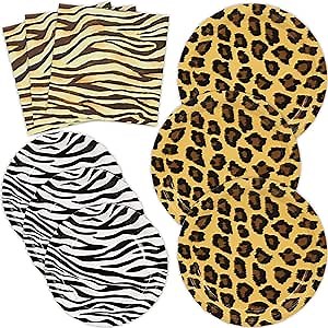 DYLIVeS Safari Zoo Animal Print Birthday Party Decorations, 9" Leopard Print Dinner Plates 7" Zebra Dessert Plates Tiger Cocktail Napkins Disposable Baby Shower Jungle Theme Party Supplies, Serves 24