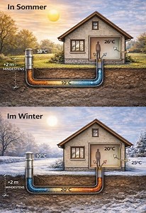 Earth Tube Ventilation: Natural Heating and Cooling Using the Ground Earth tube ventilation (also called ground-air heat exchange) is a passive and energy-efficient system that uses the stable temperature of the soil to regulate indoor air throughout the year. The image illustrates how this system works in summer and winter, providing natural cooling and heating with minimal energy use. How the System Works An earth tube system consists of a buried pipe (usually at least 2 meters underground) co
