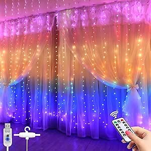 LED Curtain Lights Fairy Lights Curtain -3Mx3M 300 Curtain LED Lights 8 Modes Window Christmas Lights Remote USB Waterproof Copper Wire Decorative Lights for Bedroom Party Wedding (Multicolor)