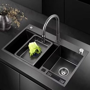 [Hot Item] New Smart Sink SUS304 Handmade Multifunctional Nano Ultrasonic Kitchen Black Sink with LED Waterfall Faucet