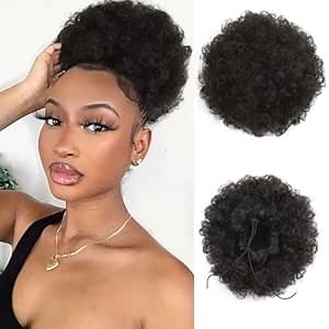 AISI QUEENS Afro Puff Drawstring Ponytail Kinky Coily Curly Ponytail Wig Clip in Piece for Black Women and Kids Synthetic (MEDIUM (Pack of 1), 2#(natural black))