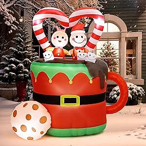 PRESENCE 5FT Gingerbread Man Christmas Inflatable Christmas Gingerbread Man Woman Couple in Hot Cocoa Mug, Xmas Holiday Decor for Outdoor Yard Lawn Garden with LED Lights