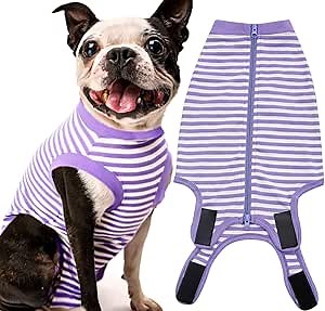 Sychien Dog Recovery Suit Female Spay Male Surgery Recovery Large Shirt,Soft Combed Cotton Surgical Puppy Suit,L Purple-White Striped