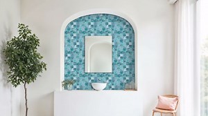 Glass Mosaic Tiles Backsplash, 12" x 12" Turquoise 3D Wave Texture Square Tiles for Swimming Pool Accent Wall Bathroom Shower Wall (5 Sheets, 4.84 sq.ft.)