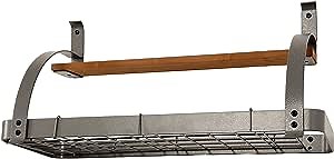 Rack It Up Bookshelf Wall Pot Rack with Wood Shelf and 8 hooks, Steel Gray Hammertone