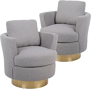 Swivel Barrel Chair Set of 2,Modern Round Swivel Accent Chairs with Pillow,360 Degree Comfy Teddy Fabric Accent Chair Small Single Chair Armchair for Living Room Bedroom(Gray*2)