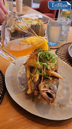 The popular pla chan or Thai fried fish, which can be found in many seafood restaurants and night markets in the Southeast Asian country, is served at F All-Day Dining Restaurant of F1 Hotel Manila in BGC, part of their newly revamped menu, developed with Enderun Colleges. Their version uses fillet strips of baramundi or apahap, marinated in Thai herbs and deep fried unti golden brown. Upon serving the fish is bathed with Vietnamese nuoc cham which uses palm sugar. VIDEO BY ROEL HOANG MANIPON | 