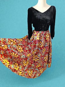 1940s Festive Floral Full Frock / Vintage 40s Black Velvet   Colorful Organza Dress - Etsy