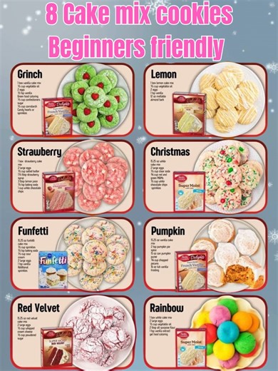🎄 8 Cake Mix Cookies You’ll Love from the First Bite! 🍪 Soft, chewy, and bursting with flavor — these cake mix cookies are the easiest treats you’ll ever bake! Perfect for holidays, parties, or a sweet pick-me-up any day. 💕 🎅 1. Grinch Cake Mix Cookies Ingredients: 1 box vanilla cake mix ½ cup vegetable oil 2 eggs Green food coloring Heart-shaped red sprinkles Instructions: Mix cake mix, oil, and eggs until smooth. Add green food coloring until you get that Grinchy hue. Scoop dough onto a ba