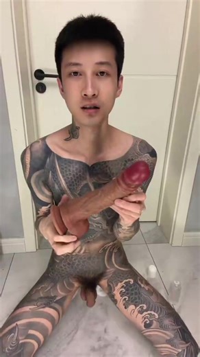 Inked slutty chinese twink dildo play
