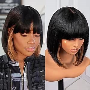 ToyoTress Human Hair Bob Wigs With Bangs - 10 Inch Black Mix Brown Short Bob Wigs For Black Women, Light Yaki Straight Glueless 100% Brazilian Virgin Hair Wigs 180 Density (10 Inch, SH30)
