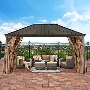 ABCCANOPY Hardtop Gazebo 12x16 - Outdoor Metal Hard Top Gazebo, Permanent Galvanized Steel Aluminum Framed Pavilion with Netting and Curtain for Patio Backyard Lawn Garden (Single Roof, Khaki)