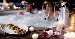 Champagne, Food and Hot Tub Couple Romance, Love and Bond on Valentines Day Date, Anniversary or Honeymoon. Jacuzzi Stock Footage - Video of night, snack: 293436576