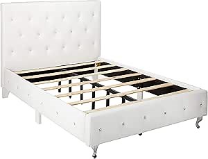 AC Pacific AC-BED16 Modern Upholstered Platform Bed with Faux Crystal, Button-Tufted Headboard and Footboard, Full, White